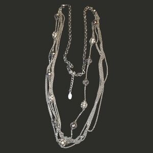 Multi Strand Silver Tone Necklace 40" Crystal Bead Layered Long Y2k‎ Glam